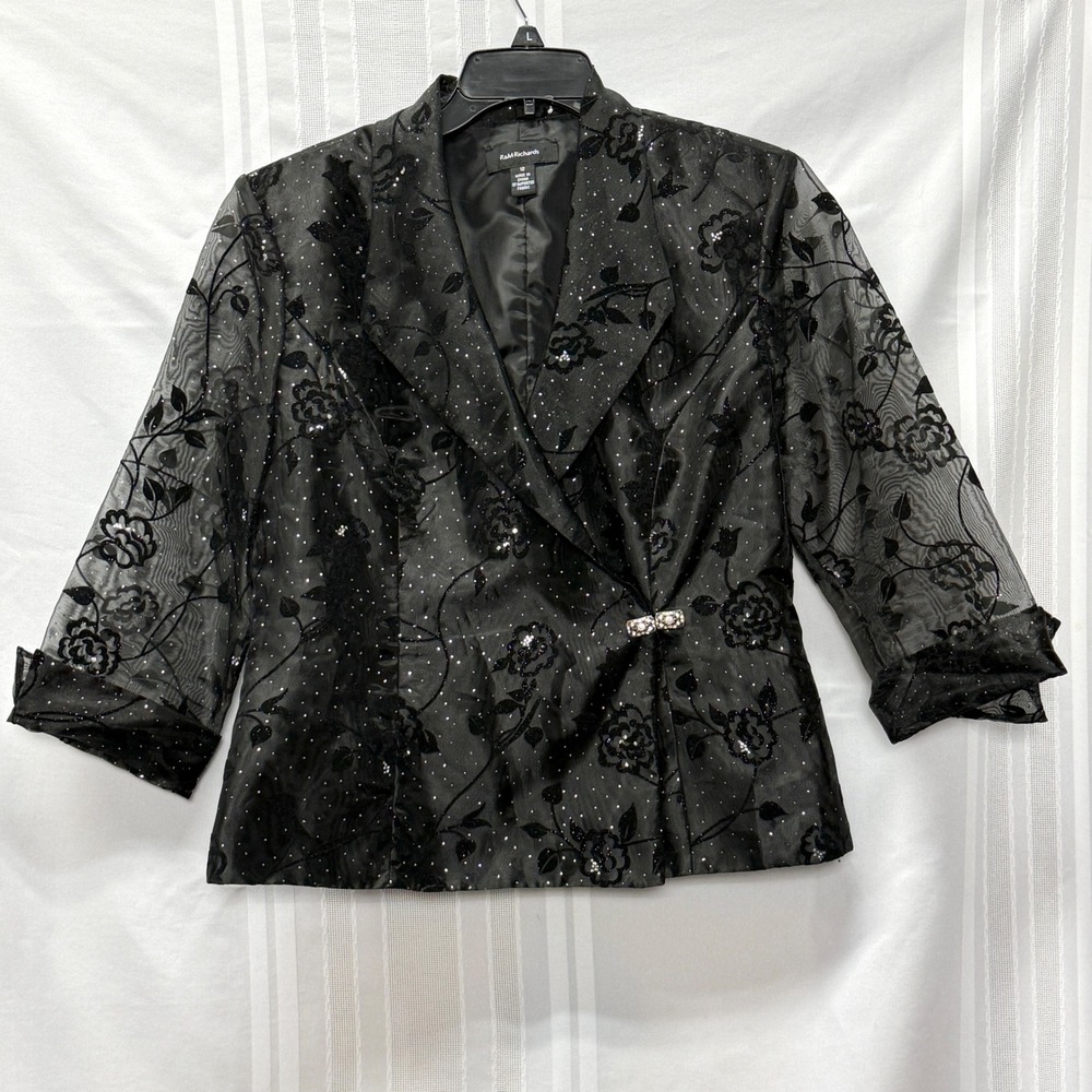 R&M Richards Womens Black Velvet‎ Burnout Sheer Floral Glitter Evening Jacket 12